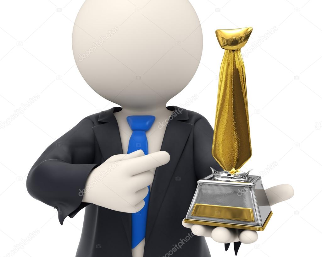 3d business man awarded with gold tie trophy