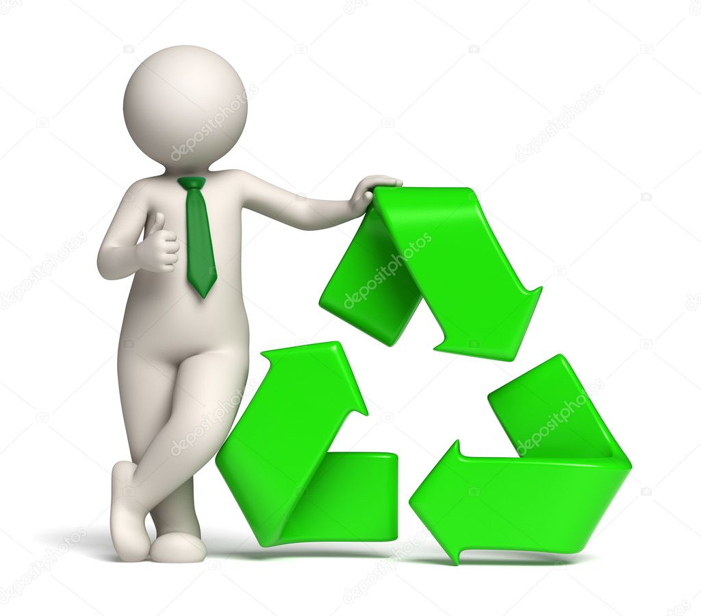 3d man - green recycle icon and thumbs up