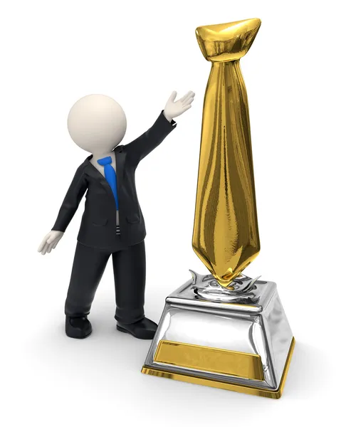 3d Business Man and gold tie trophy award icon — стоковое фото