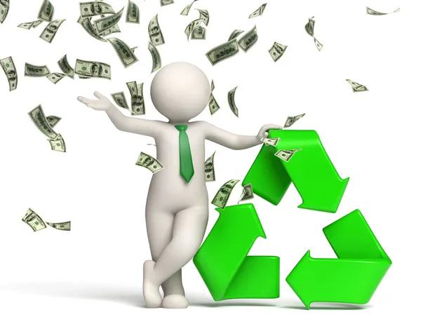 3d man recycle symbol with money rain — Stock Photo, Image