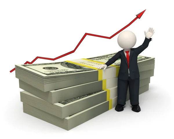 3d succesful business man - pack of money - graph arrow — Stock Photo, Image