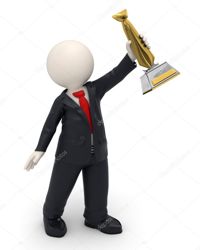 3d man - business victory and gold tie trophy award