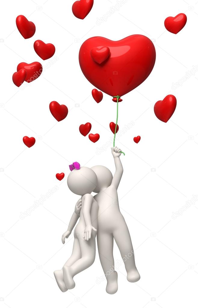 3d couple flying with a red heart balloon Valentines day