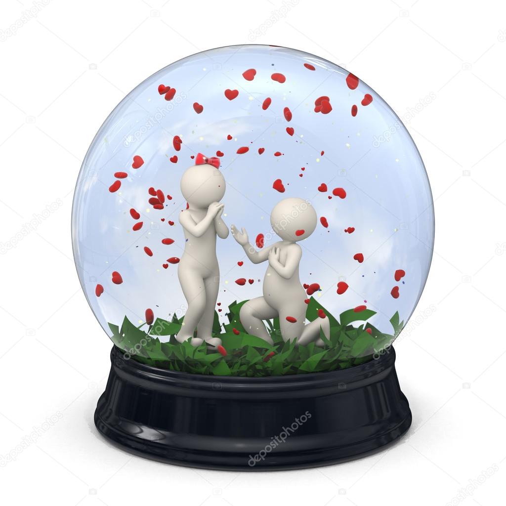 3d couple in a snow globe - Marriage proposal - Valentine