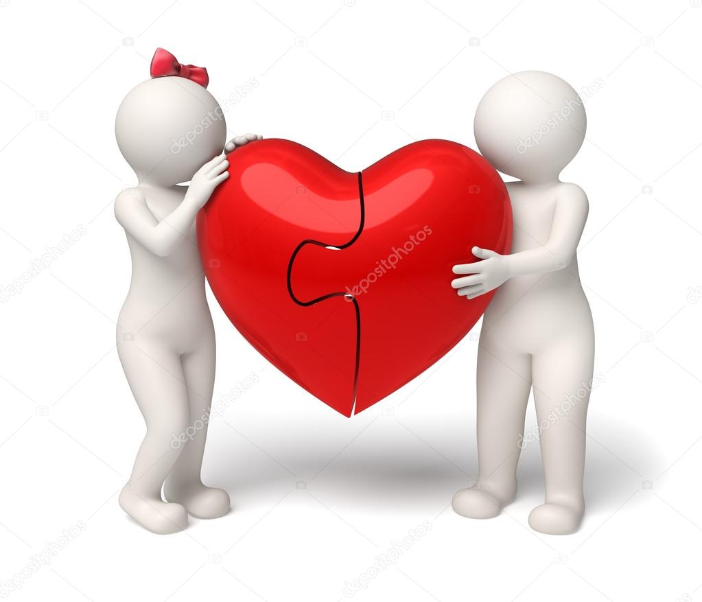 3d Loving Couple Holding A Red Puzzle Heart Valentines Stock