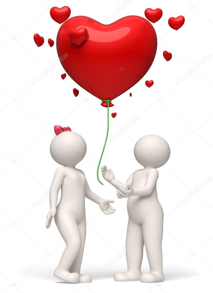 3d couple releasing a red heart balloon Valentines day