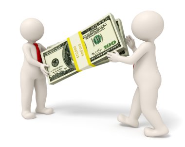 3d business people handing over a pack of money clipart
