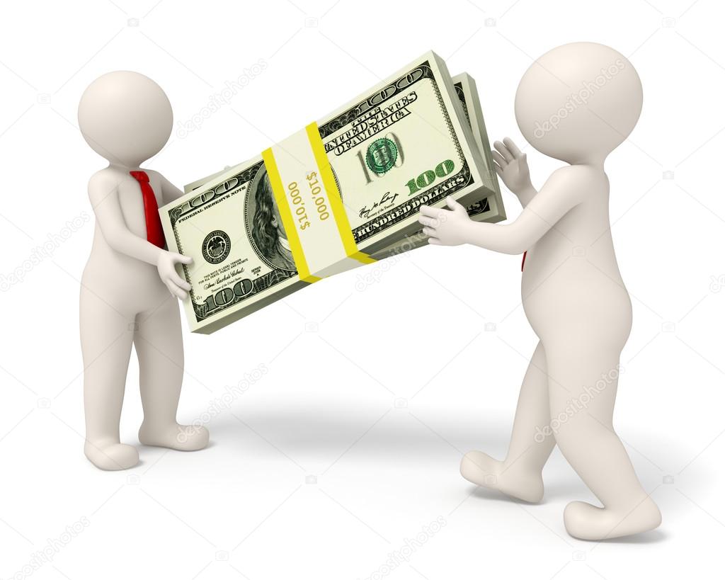 3d business people handing over a pack of money