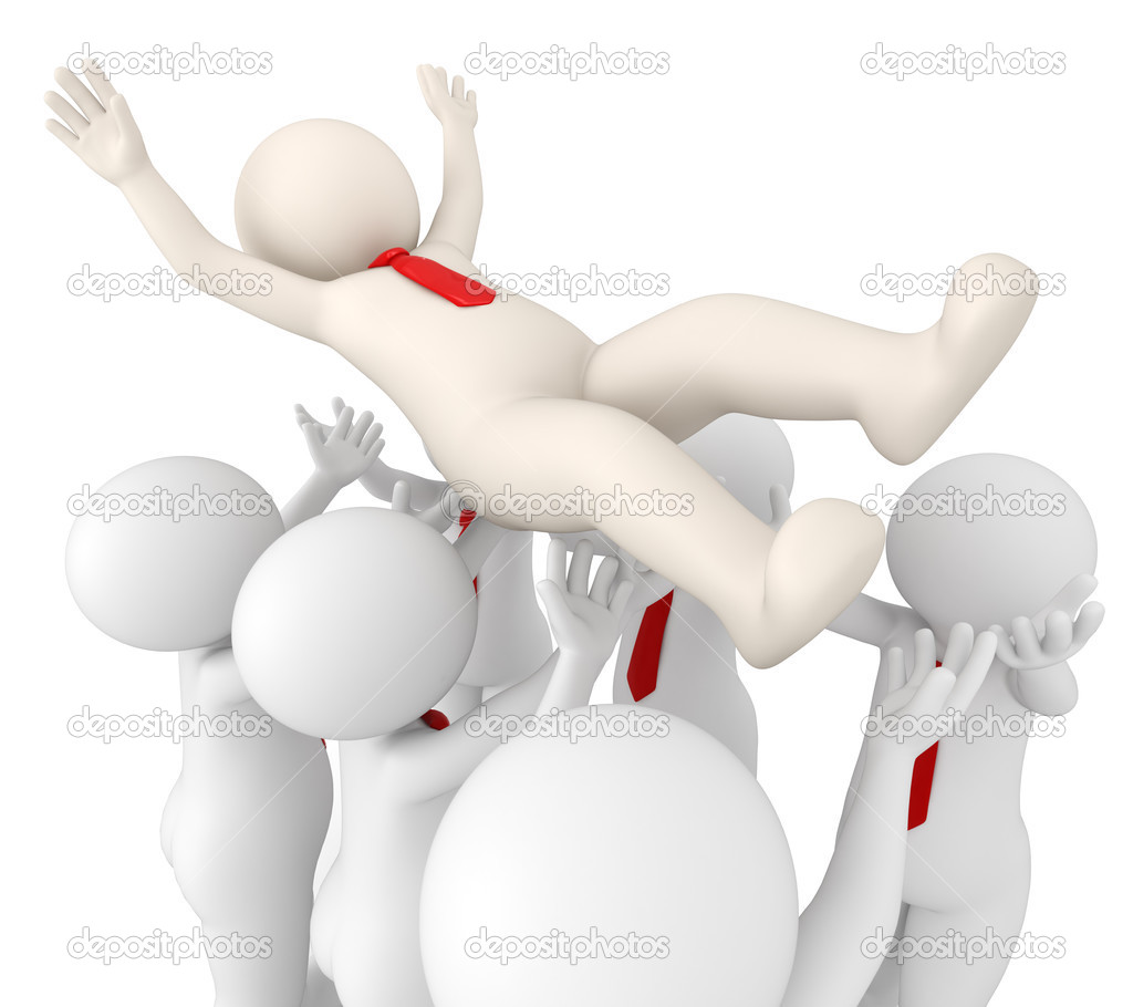 3d successful team leader tossed in air by his team
