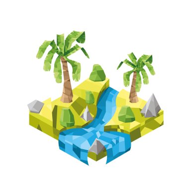 Palmiyeleri ve çalıları olan Isometric adası. Uçan ada. Adanın düşük polyester tarzı.