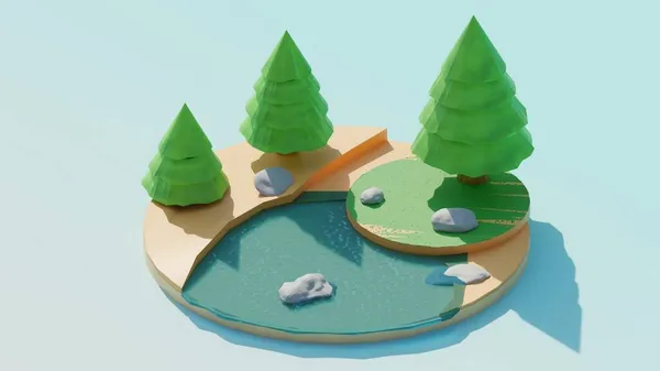 Ilha isométrica com pinetrees. Ilha voadora. Ilha em estilo low-poly. — Fotografia de Stock