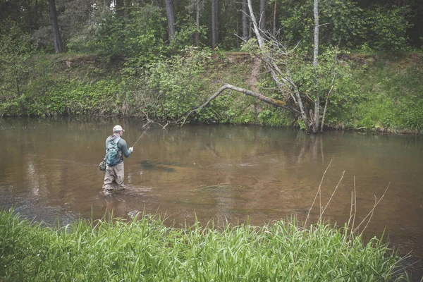 Fisherman Catches Spinning Rod River — Stock Photo, Image