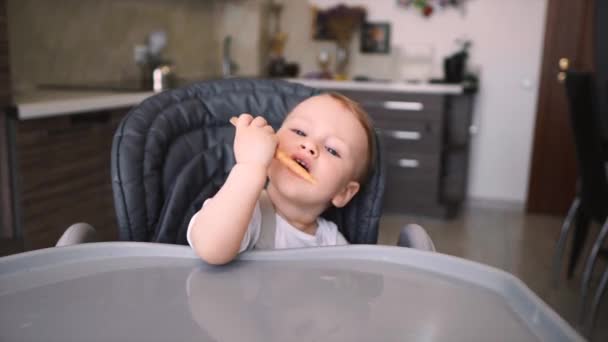 Criança Feliz Comer Couro Frutas Orgânicas Conceito Alimentação Saudável Bebê — Vídeo de Stock