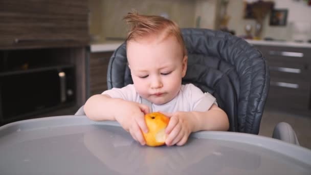 Bebé Pequeño Bebé Tomando Bocado Una Fruta Manzana — Vídeo de stock