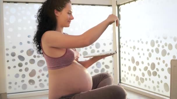 Pleasant Pregnant Young Woman Relaxing Using Laptop Sitting Floor Big — Stock Video