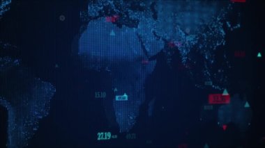 Camera movement through 3D space with a world map and stock indexes. Digital animation of stock market price changes. Animation loop 4k. High quality FullHD footage