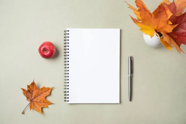 Konzept Herbst Flach Lag Mit Gelben Ahornblättern Notizbuch Stift Und — Stockfoto