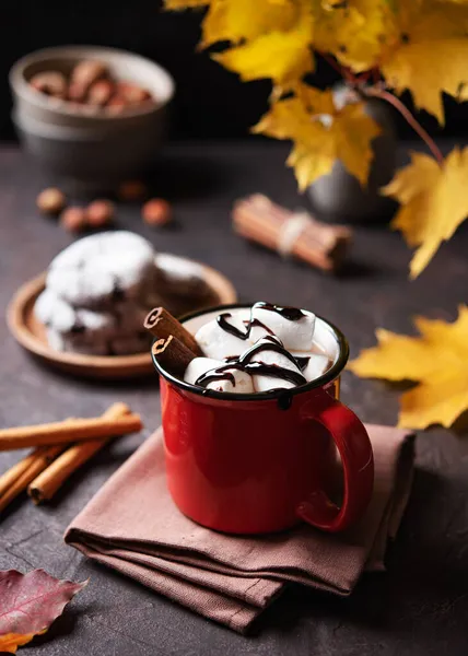 Red Cup Aroma Hot Chocolate Marshmallows Brown Background Autumn Maple — Stock Photo, Image