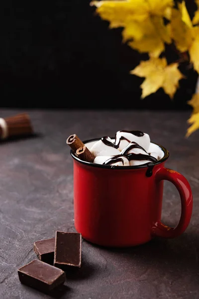 Ceașcă Roșie Ciocolată Caldă Bezele Scorțișoară Frunze Arțar Toamnă Fundal — Fotografie, imagine de stoc