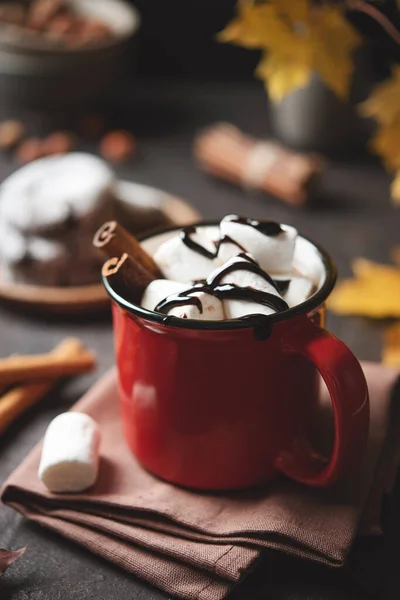 Red Cup Hot Chocolate Marshmallow Cinnamon Dark Brown Table Maple — Stock Photo, Image