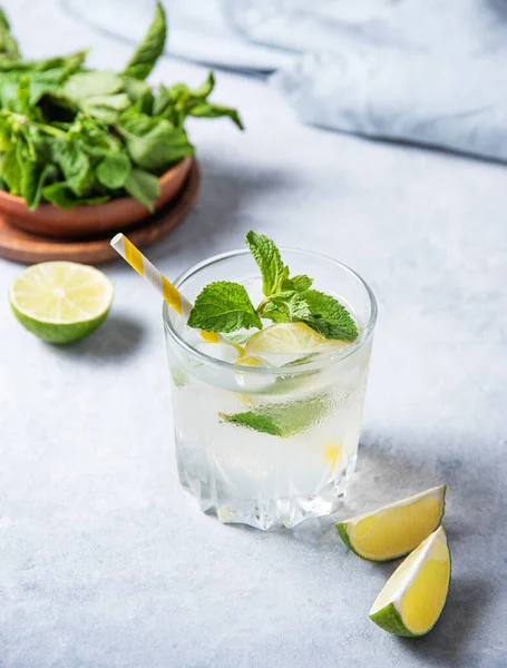 Glass Lime Lemonade Mojito Table Lime Slices Mint Top View — Stock Photo, Image