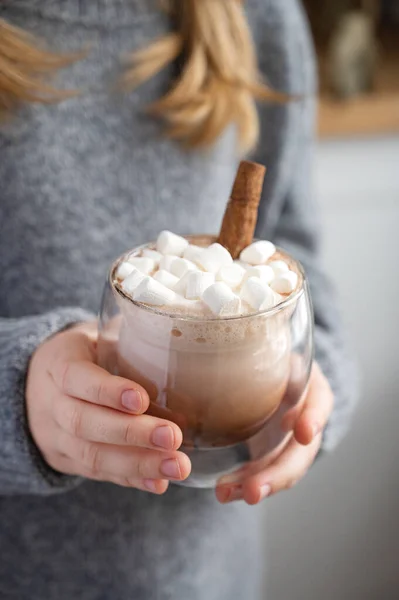 Girl Gray Sweater Holds Glass Cocoa Marshmallows Cinnamon Stick Early — Zdjęcie stockowe