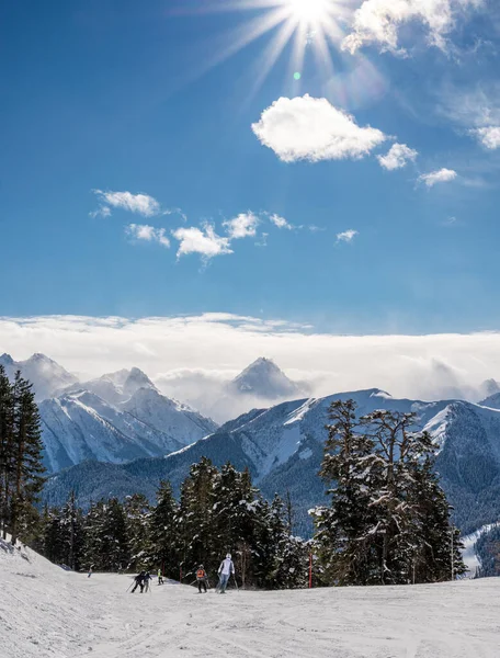 Güneşli bir kış gününde dağları, karı, ormanı, kayakçıları ve snowboardcuları olan Arkhyz kayak merkezinin güzel manzarası. Kafkas Dağları, Rusya. Dikey.