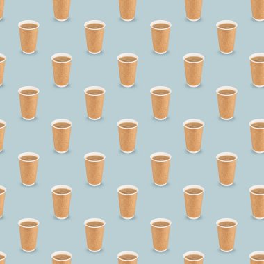 Kusursuz desenli, siyah aromalı kahve ve mavi arka plandaki kağıt bardakta. Eko ve sıfır atık kavramı. Çevre dostu kullanım.