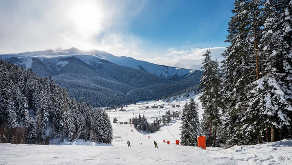 Güneşli bir kış gününde dağları, karı, ormanı, kayakçıları ve snowboardcuları olan Arkhyz kayak merkezinin güzel manzarası. Kafkas Dağları, Rusya.
