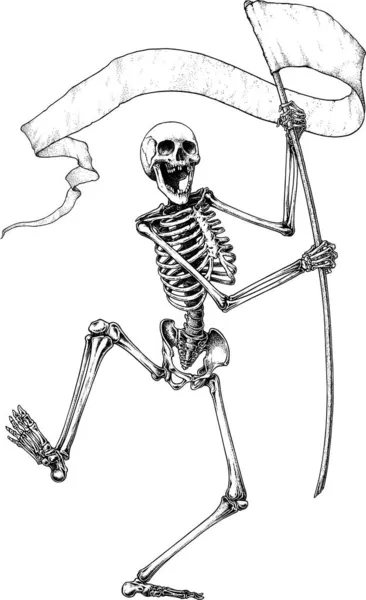 Vetor Preto Branco Ilustração Esqueleto Dançando Acenando Uma Bandeira — Vetor de Stock