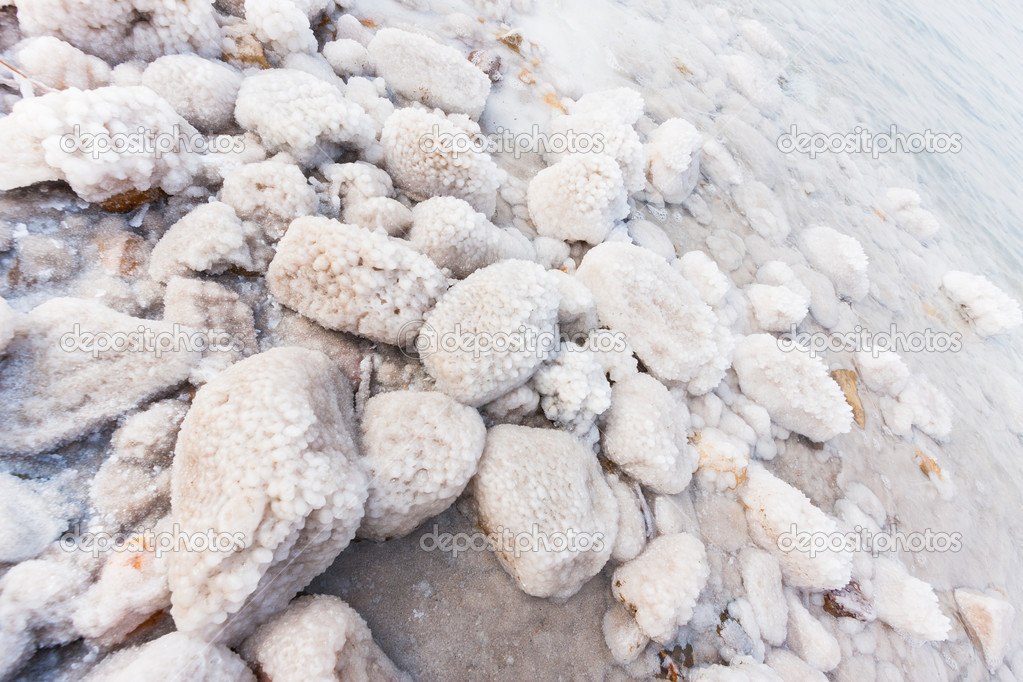 Rocks with salt on the Dead Sea shore, Jordan