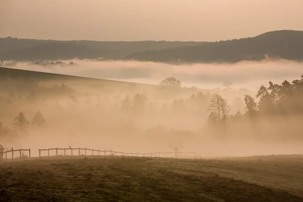 Neblige Hügel in der herbstlichen Morgendämmerung, Tschechische Republik — Stockfoto
