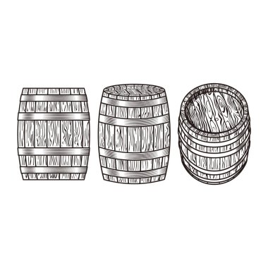 Vektör ayarlandı. Meşe fıçı el çizimleri. Tahta fıçı çizimi. tasarım ögesi.