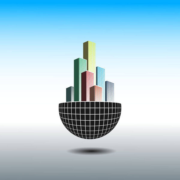 logo Illustration 3d style globe with city buildings . designs template.