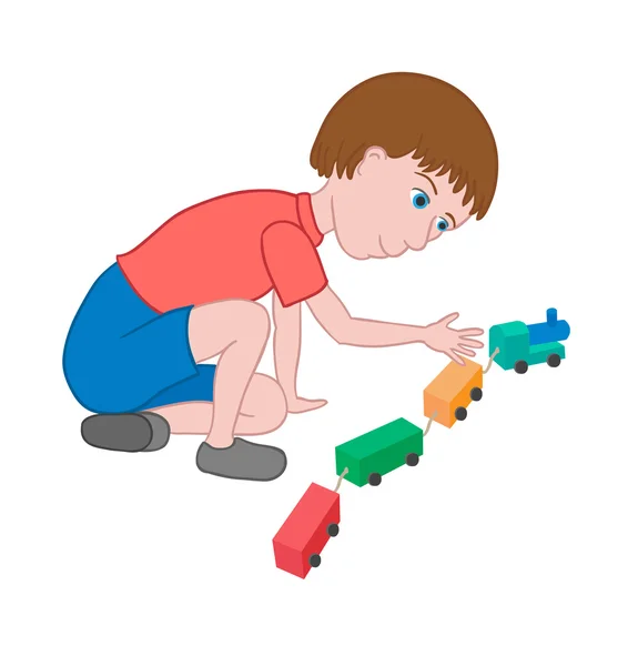 Menino brincando com um trem de brinquedo — Vetor de Stock