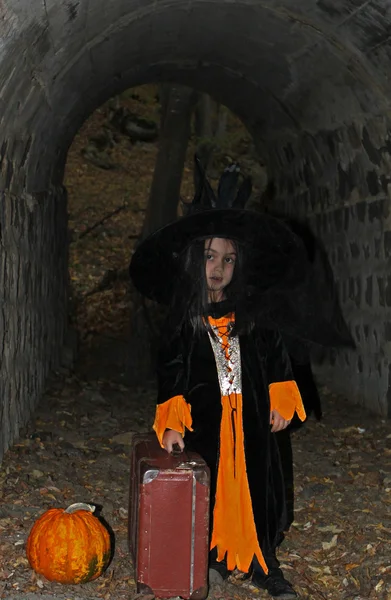 Čarodějnice dítě s dýně na halloween — Stock fotografie