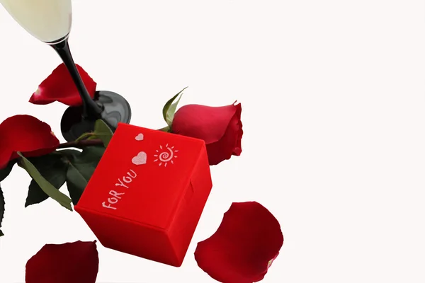 Red gift box For you, red rose and glass of wine — Stock Photo, Image