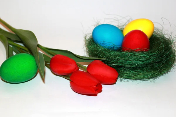 Easter eggs and red tulips bouquet — Stock Photo, Image