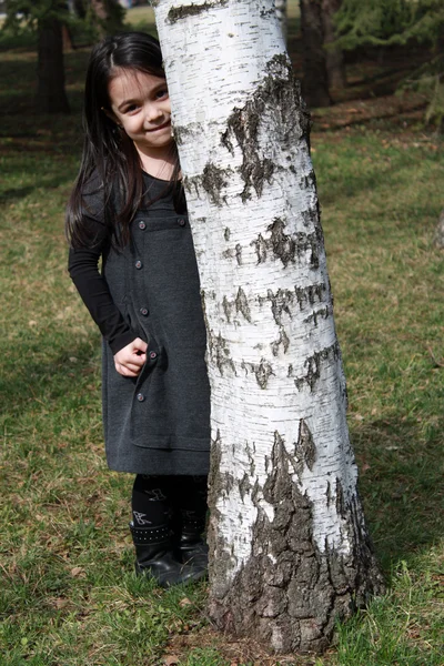 Schattig klein meisje verstopt achter berk — Stockfoto