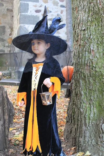Halloween Tric-or-Treater in her costume with latern — Stock Photo, Image