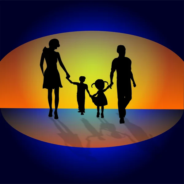 Familie im Hintergrund des Sonnenuntergangs, — Stockvektor