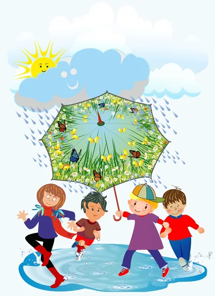 Happy children and rain, — Stock Vector