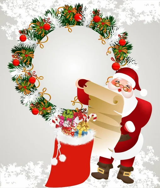 Composition Wreath Gift Bag Santa Claus Christmas — Stock Vector