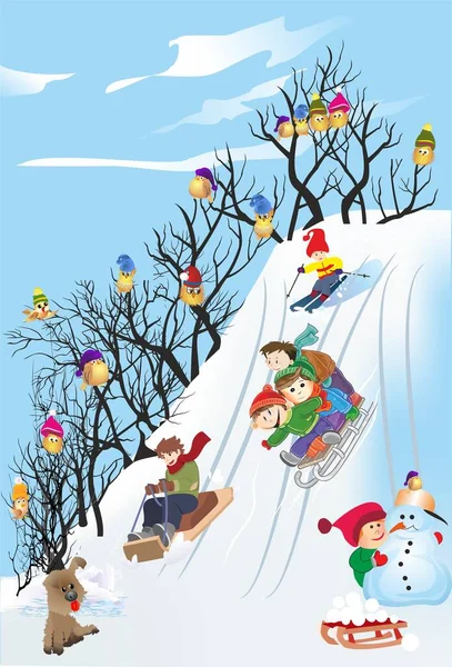 Composizione Che Mostra Giochi Bambini Nella Neve — Vettoriale Stock