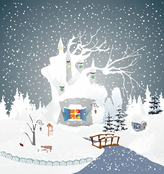 岛上有一个孤独的冬季小屋的作曲 — 图库矢量图片