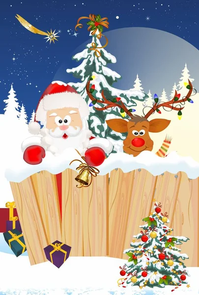 Christmas Composition Reindeer Santa Claus Who Stand Fence — Stock Vector