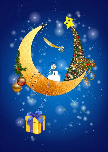 Weihnachtskomposition Mit Einem Schneemann Auf Dem Mond Und Einem Weihnachtsbaum — Stockvektor