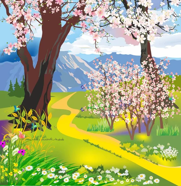 Composición Primavera Con Árboles Flores Montañas Camino Entre Prados — Vector de stock