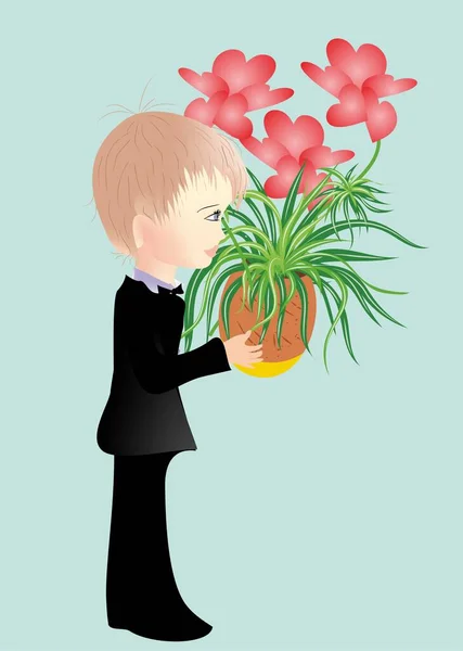 Composition Boy Who Holds Flower Hearts — Stock Vector