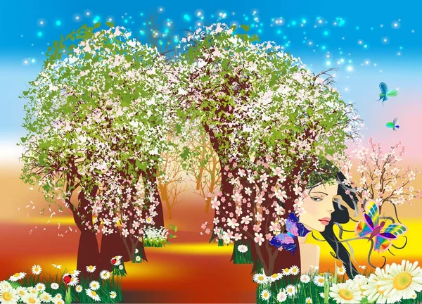 Jarní Kompozice Stromy Květinami Mladou Ženou — Stock fotografie